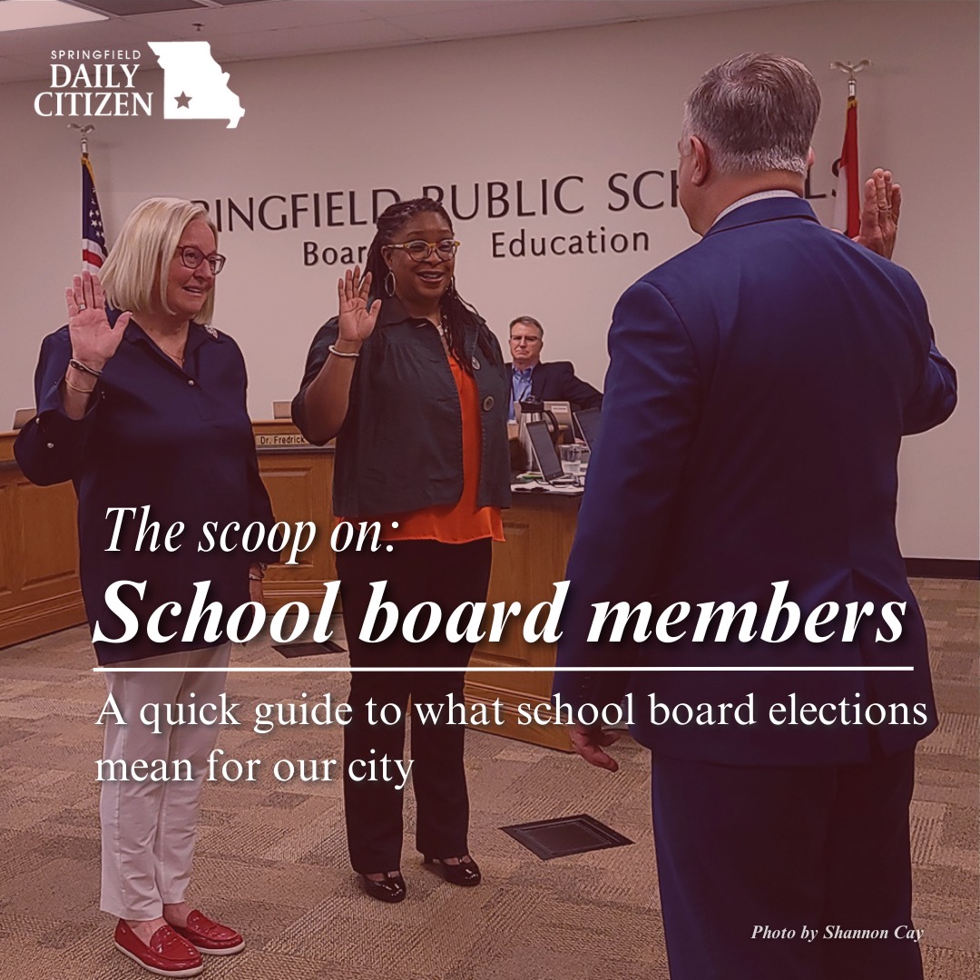 Judy Brunner (left) and Shurita Thomas-Tate are sworn in as school board members. Text on the image reads: "The scoop on school board members. A quick guide to what school board elections meant for our city." (Photo by Shannon Cay)
