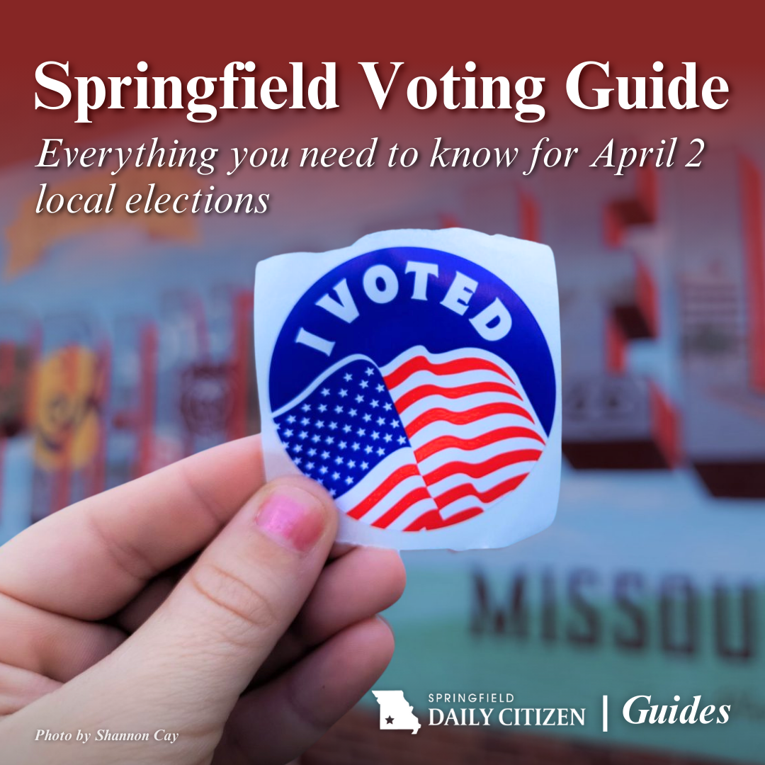 A hand holds up an "I voted" sticker in front of a "Greetings from Springfield, Missouri" mural. Text on the image reads: "Springfield Voting Guide. Everything you need to know for April 2 local elections." (Photo by Shannon Cay)