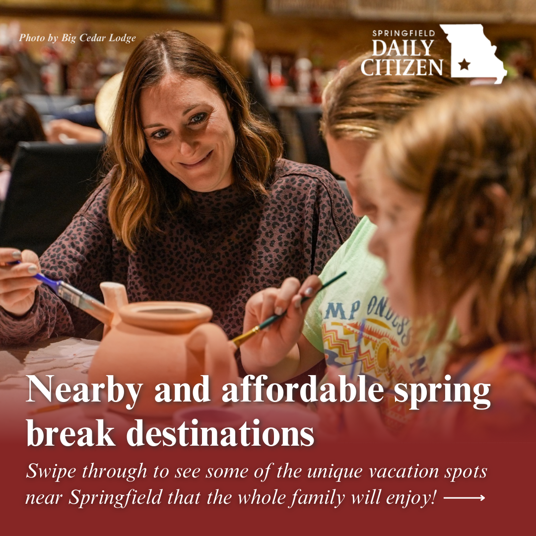 A mother and two daughters paint a ceramic teapot. Text on the image reads: "Nearby and affordable spring break destinations. Swipe through to see some of the unique vacation spots near Springfield that the whole family will enjoy." (Photo by Big Cedar Lodge)