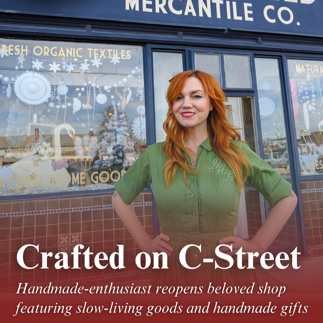 Katie Shelton, the new owner of Springfield Mercantile Co., stands outside the shop on Commercial Street in Springfield, Missouri. Text on the image reads: "Crafted on C-Street. Handmade-enthusiast reopens beloved shop featuring slow-living goods and handmade gifts." (Photo by Jym Wilson)