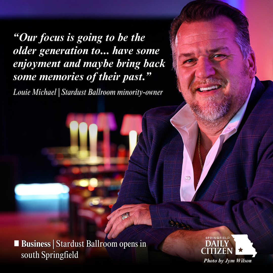 Louie Michael, minority owner of the Stardust Ballroom. Located at 395 W. Walnut Lawn Street in Springfield, the new nightclub hopes to attract a more mature crowd by focusing on atmosphere and older music. Text on the image reads: "Our focus is going to be the older generation to... have some enjoyment and maybe bring back some memories of their past." Louie Michael | Stardust Ballroom minority-owner (Photo by Jym Wilson)