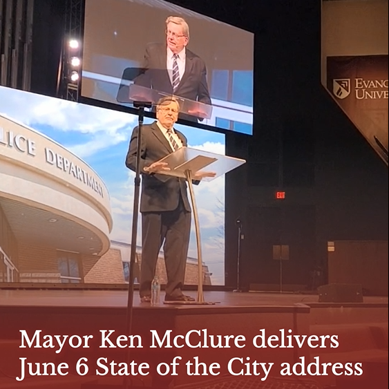 Springfield Mayor Ken McClure reflected on his 50 years of public service during his eighth and final State of the City address on June 6, 2024. Text on the image reads: "Mayor Ken McClure delivers June 6 State of the City address." (Photo by Shannon Cay)