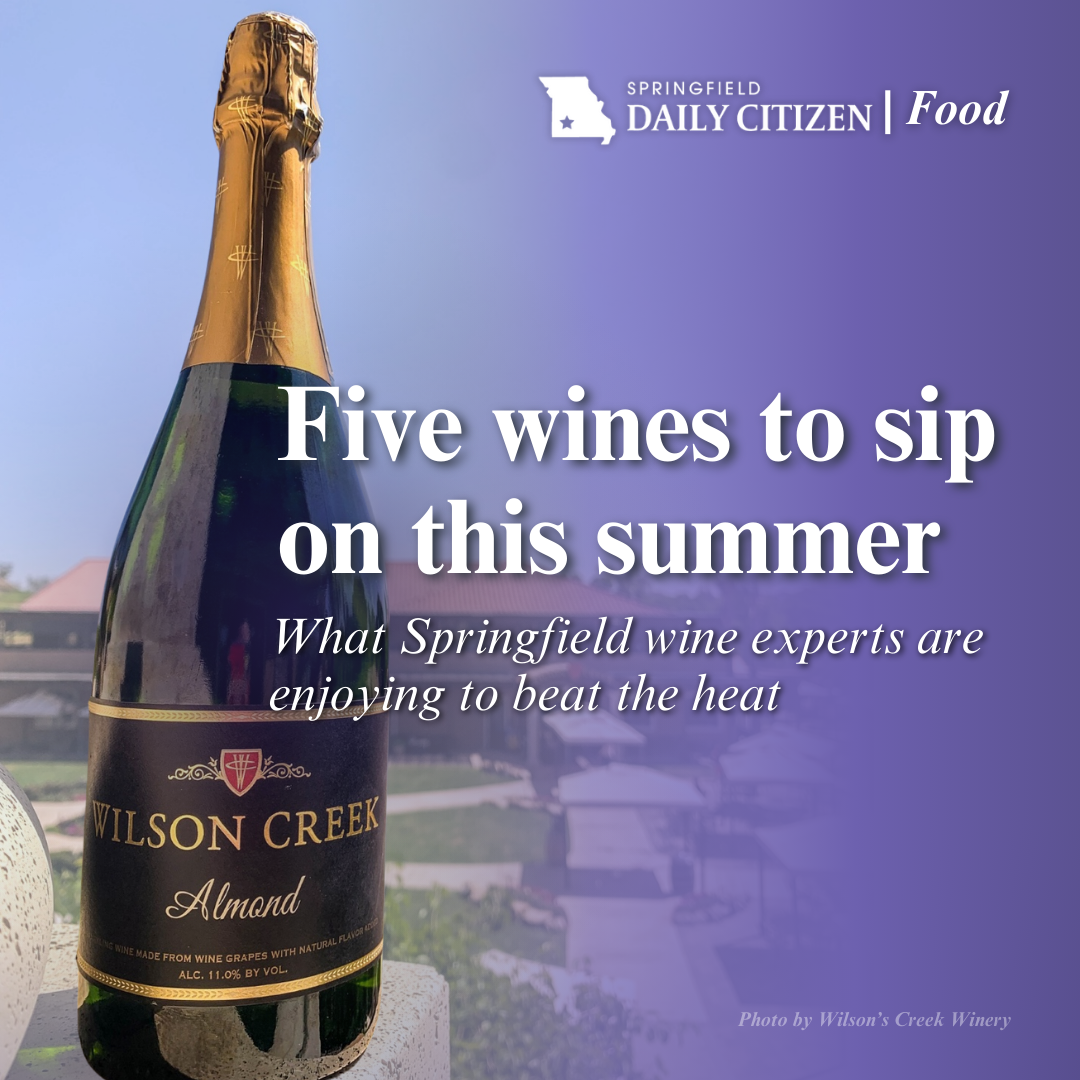 A bottle of Wilson Creek Winery's Almond Sparkling Wine sits on a ledge outside the winery in California. Text on the image reads: "Five wines to sip on this summer. What Springfield wine experts are enjoying to beat the heat."