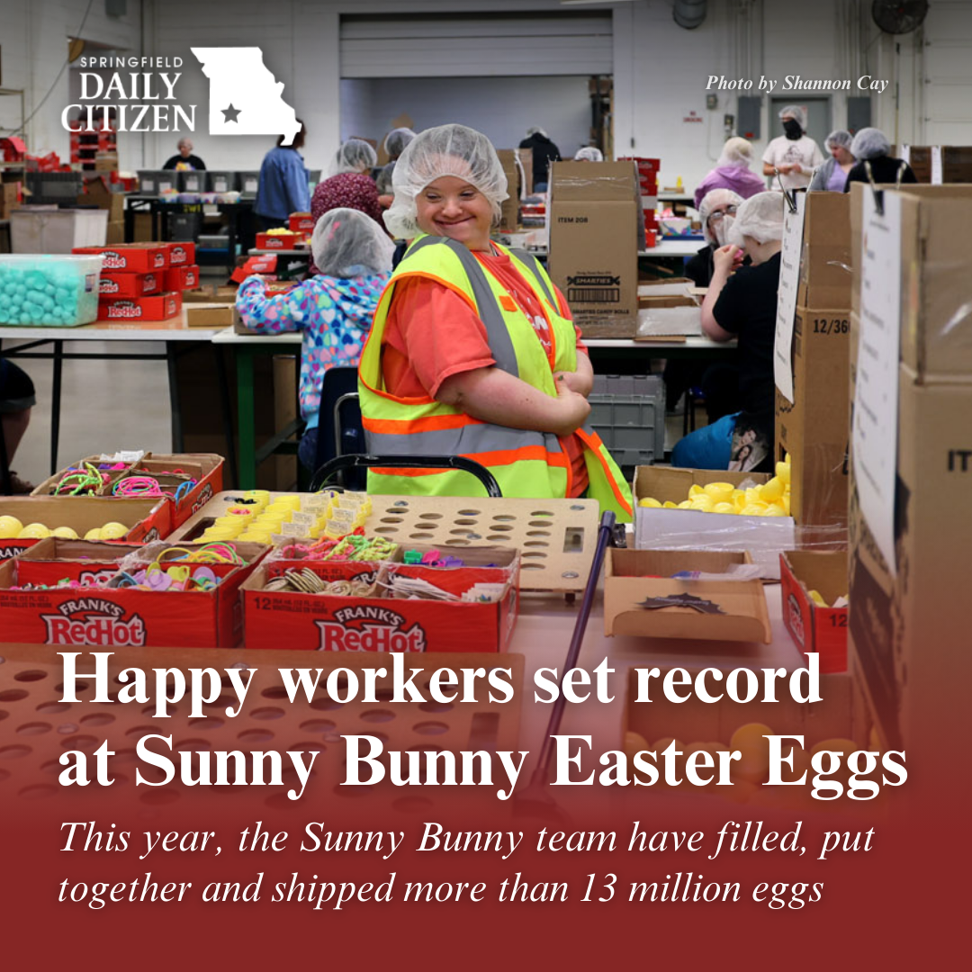Heather Ramsey works for SWI Industries. She packages treats inside Sunny Bunny plastic Easter eggs in the late winter and early spring. Text on the image reads: "Happy workers set record at Sunny Bunny Easter Eggs. This year, the Sunny Bunny team have filled, put together and shipped more than 13 million eggs." (Photo by Shannon Cay) 