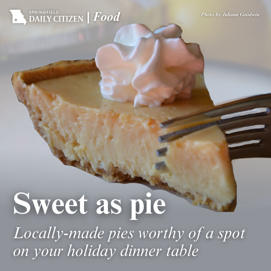 A fork cuts through a slice of lemon pie. Text on the image reads: "Sweet as pie. Locally made pies worthy of a spot on your holiday dinner table."
