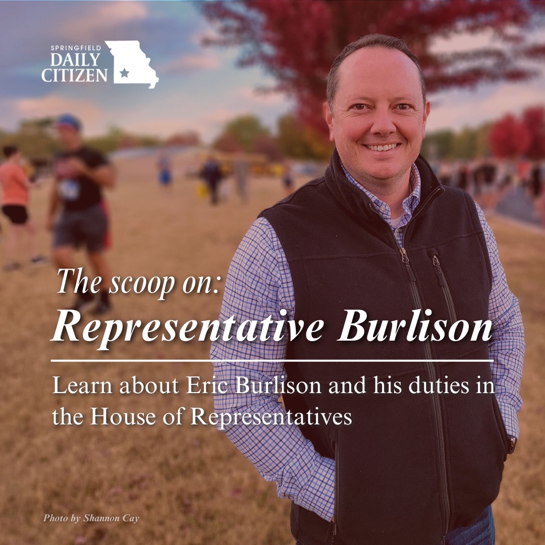 U.S. Representative Eric Burlsion, R-Springfield. Text on the image reads: "The scoop on Representative Burlison. Learn about Eric Burlison and his duties in the House of Representatives." (Photo by Shannon Cay)
