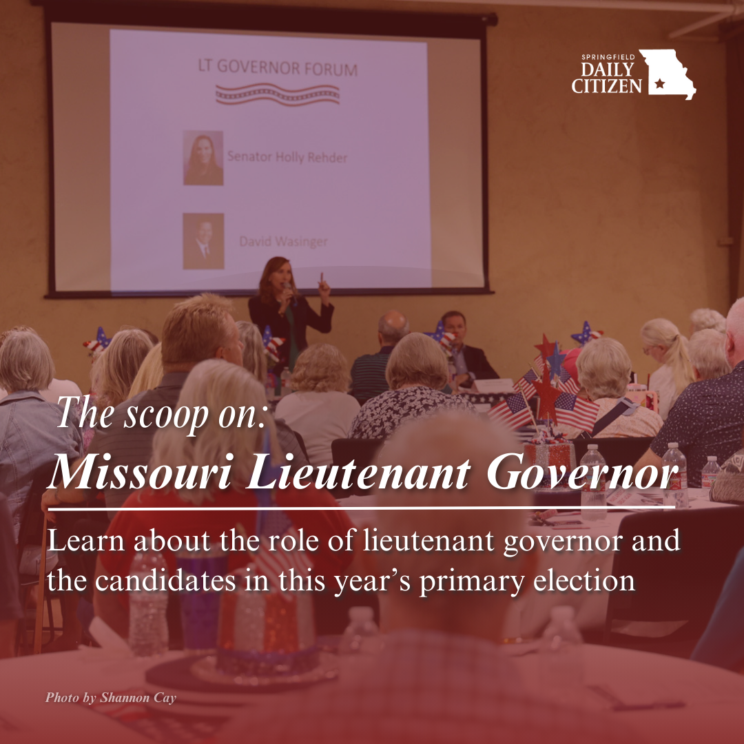 Sen. Holly Rehder speaks at a forum for lieutenant governor candidates. Text on the image reads: "The scoop on Lieutenant Governor. Learn about the role of lieutenant governor and the candidates in this year's primary election." (Photo by Shannon Cay)