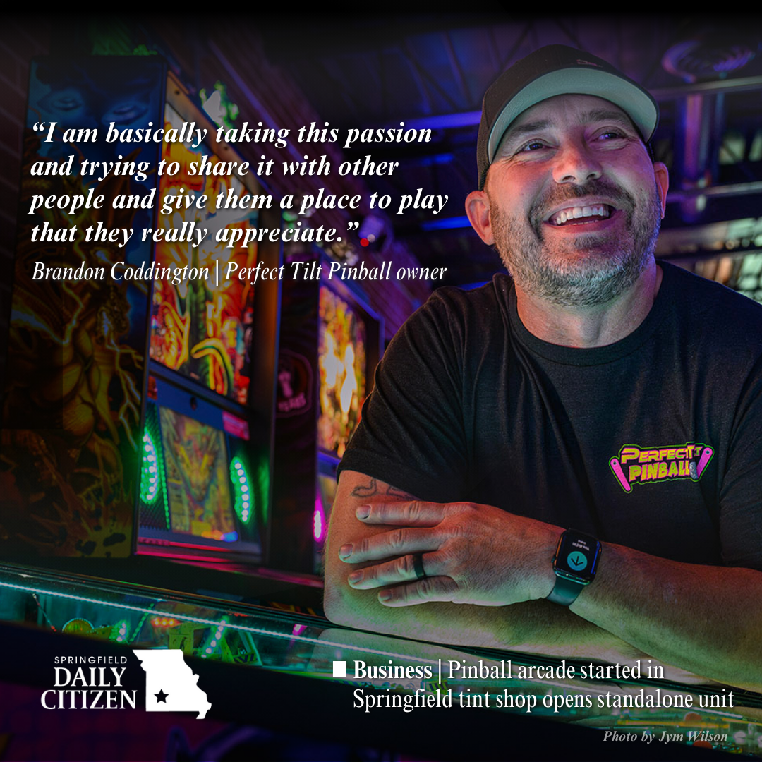 Brandon Coddington, owner of Perfect Tilt Pinball, a new arcade in Springfield at 521 S. Glenstone Ave. Photographed on Monday,  May 20, 2024. Text on the image reads: "I am basically taking this passion and trying to share it with other people and give them a place to play that they really appreciate." Brandon Coddington | Perfect Tilt Pinball owner  (Photo by Jym Wilson)