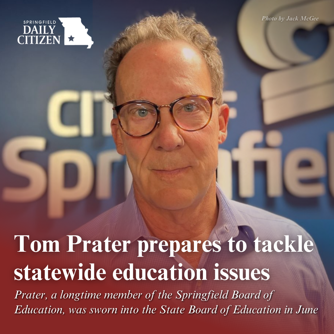 A photo of Tom Prater. Text on the image reads: "Tom Prater prepares to tackle statewide education issues. Prater, a longtime member of the Springfield Board of Education, was sworn into the State Board of Education in June." (Photo by Jack McGee)