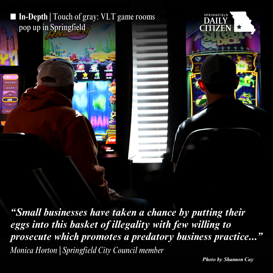Two men spend their Friday afternoon at the American Legion Post 639 to play at the video lottery terminals. Text on the image reads: "Small businesses have taken a chance by putting their eggs into this basket of illegality with few willing to prosecute which promotes a predatory business practice..." Monica Horton | Springfield City Council member (Photo by Shannon Cay)