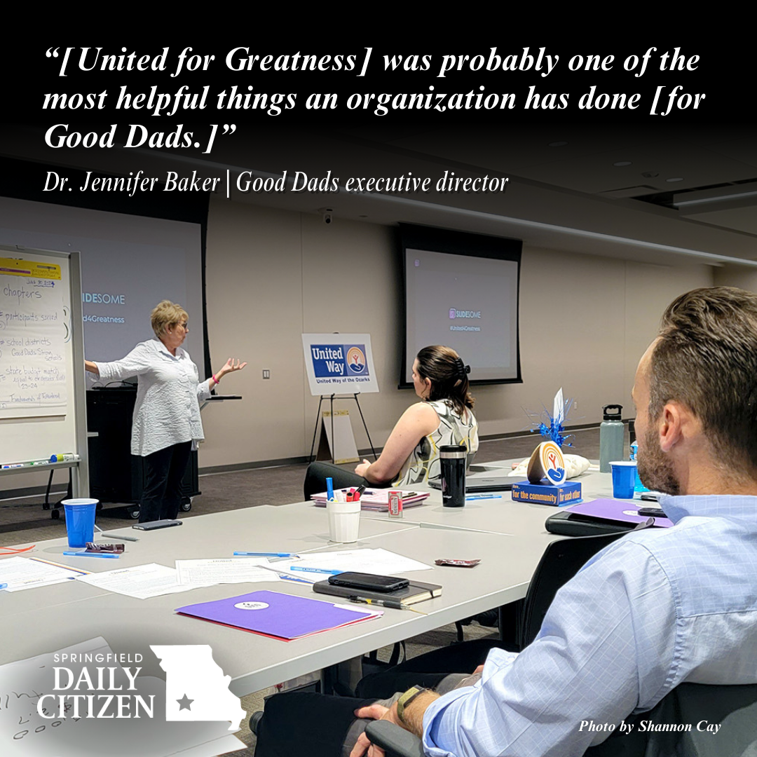 Founder of Good Dads, Dr. Jennifer Baker, explains what new goals were created for her non profit through United for Greatness. Text on the image reads, "[United for Greatness] was probably one of the most helpful things an organization has done [for Good Dads.]"