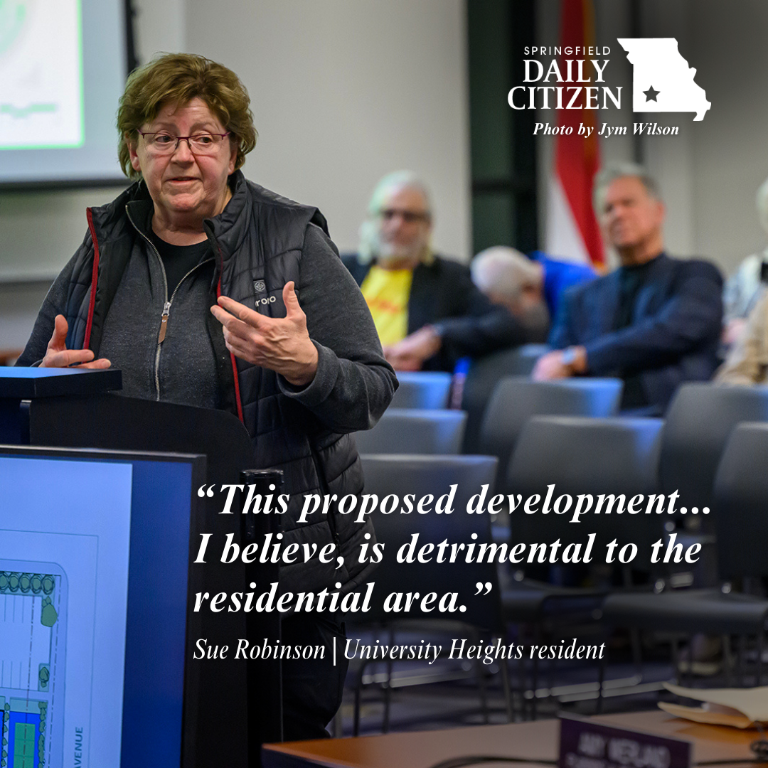 University Heights resident Sue Robinson emphasizes a point during a meeting of the Springfield Planning and Zoning Commission on Thursday, Dec. 14, 2023. Text on the image reads: "This proposed development...I believe, is detrimental to the residential area." Sue Robinson | University Heights resident (Photo by Jym Wilson)