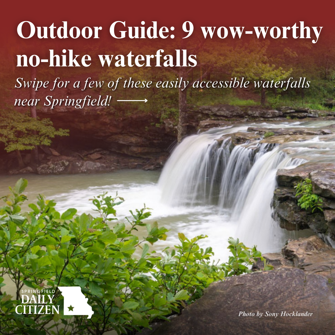This springtime view of Falling Water Falls after a good soaking rain can be seen from the road — and even from your car. Text on the image reads, "Outdoor Guide: 9 wow-worthy no-hike waterfalls. Swipe for a few of these easily accessible waterfalls near Springfield!" (Photo by Sony Hocklander)