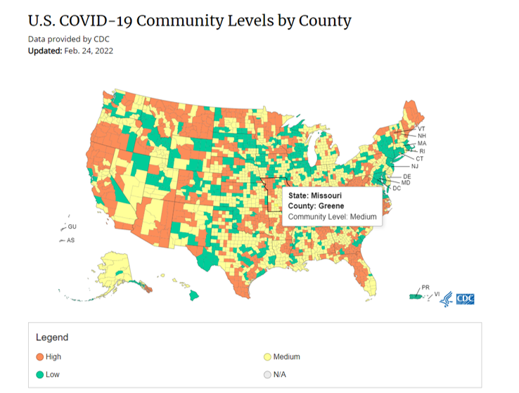 New CDC COVID risk assessment for Greene County: vaccines recommended, community-wide masking not