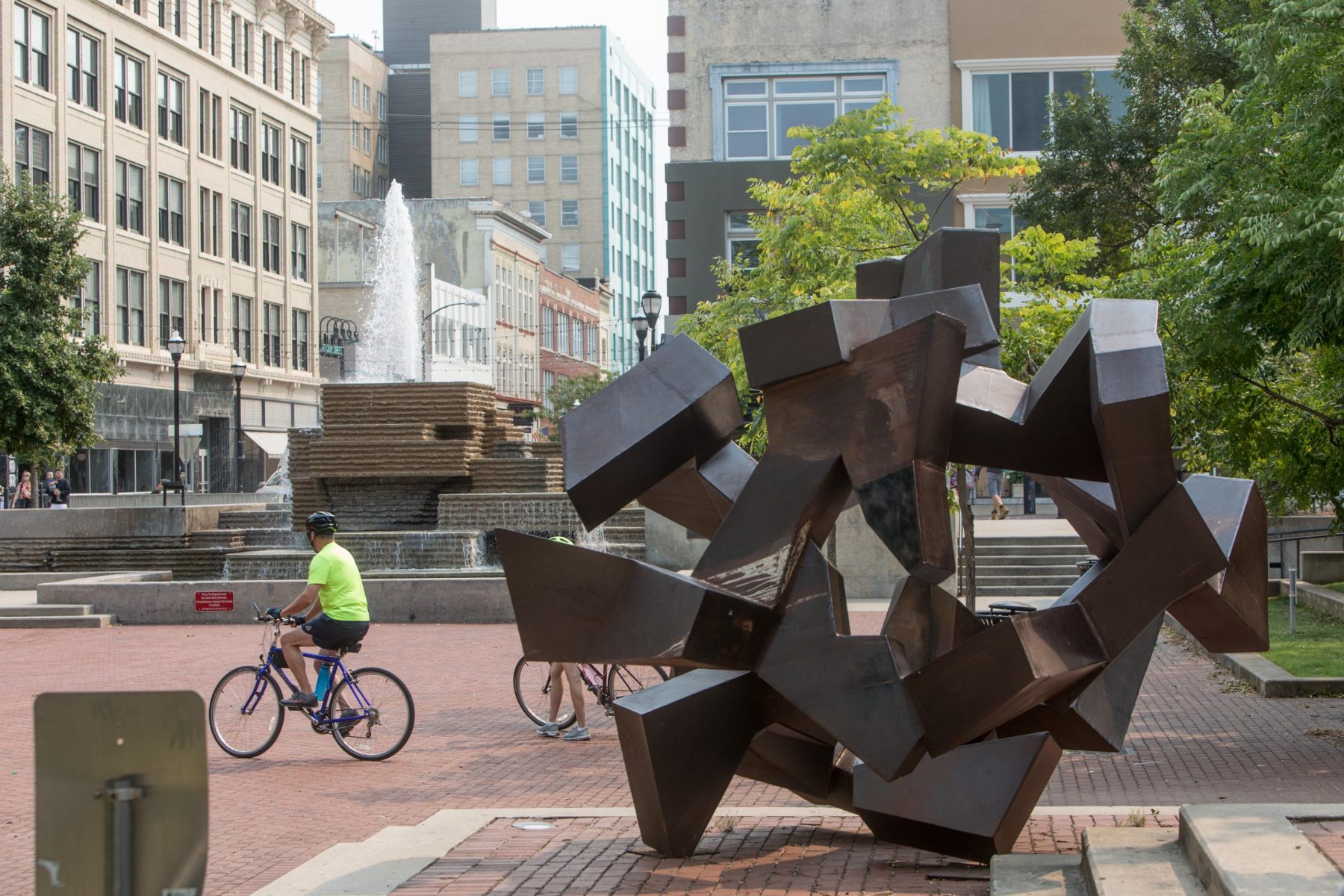 A big steel sculpture in downtown Springfield's Park Central Square called "The Tumbler" artwork art sculpture large