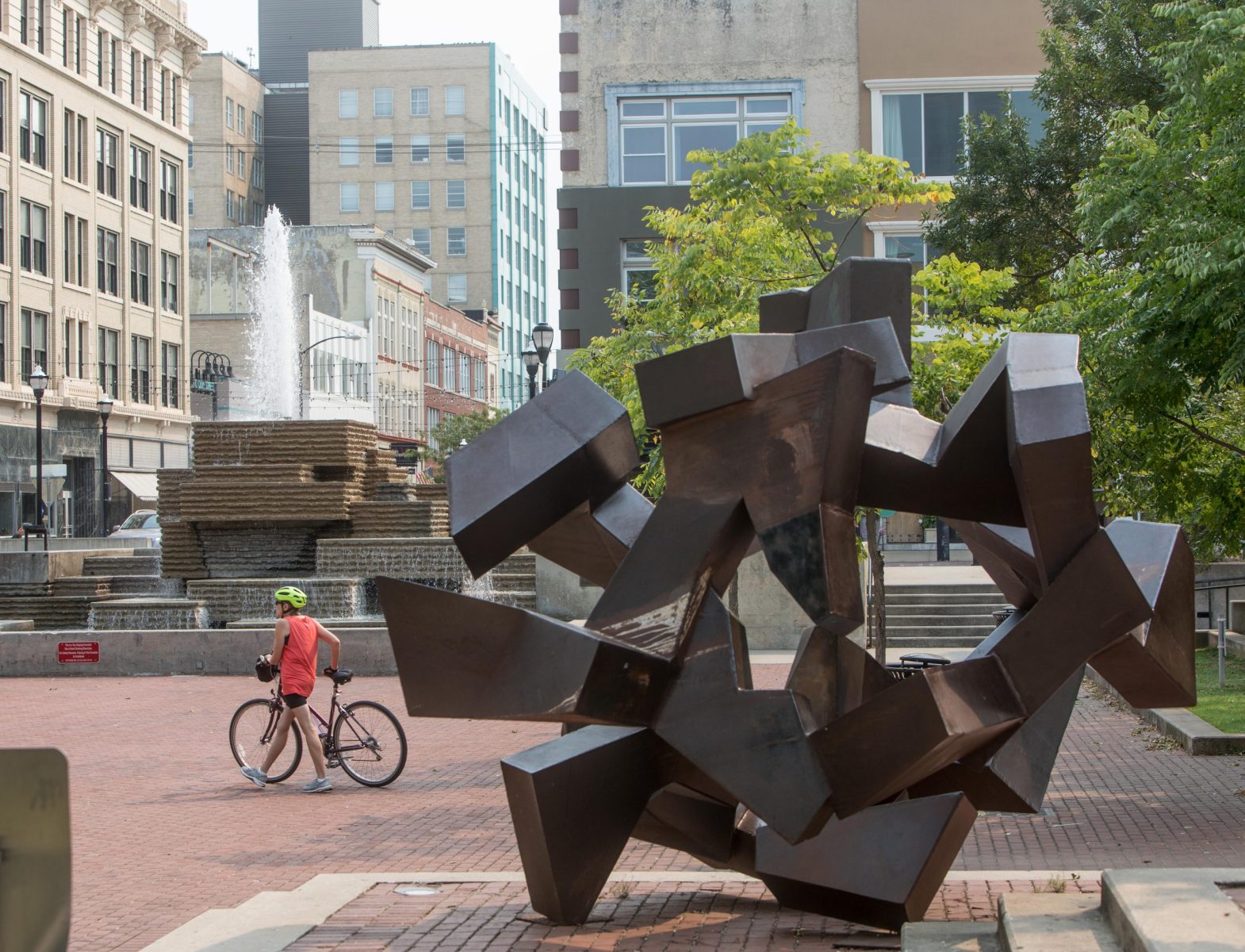 A big steel sculpture in downtown Springfield's Park Central Square called "The Tumbler"
