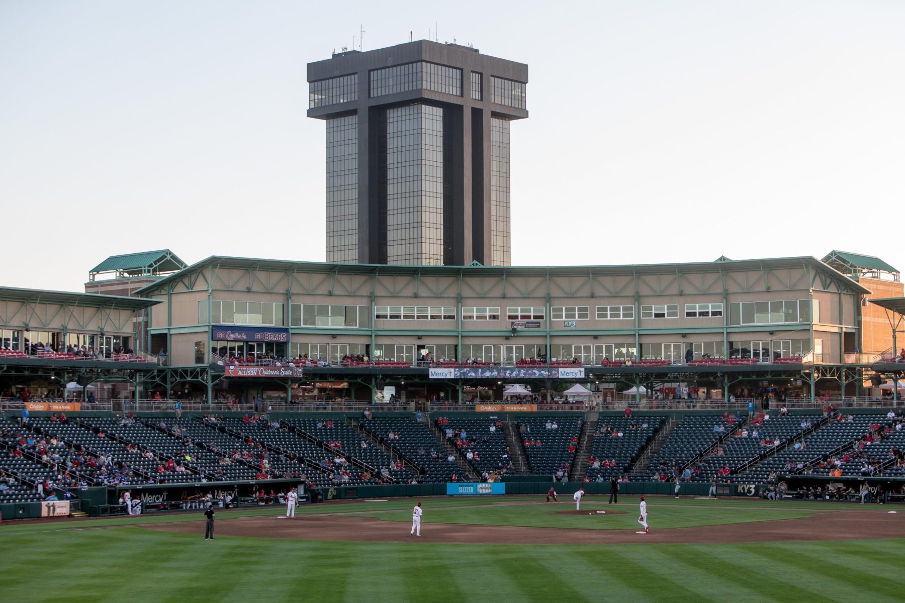 The Springfield Cardinals at Hammons Field, with box seats and Tower in the background.