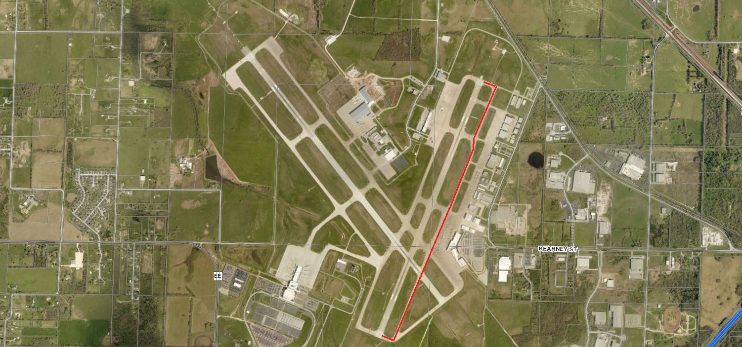 Taxiway N (highlighted with a red line) runs along the east runway at the Springfield-Branson National Airport, and is more than 7,000 feet long. (Photo taken from Greene County Assessor's Office public GIS viewer)