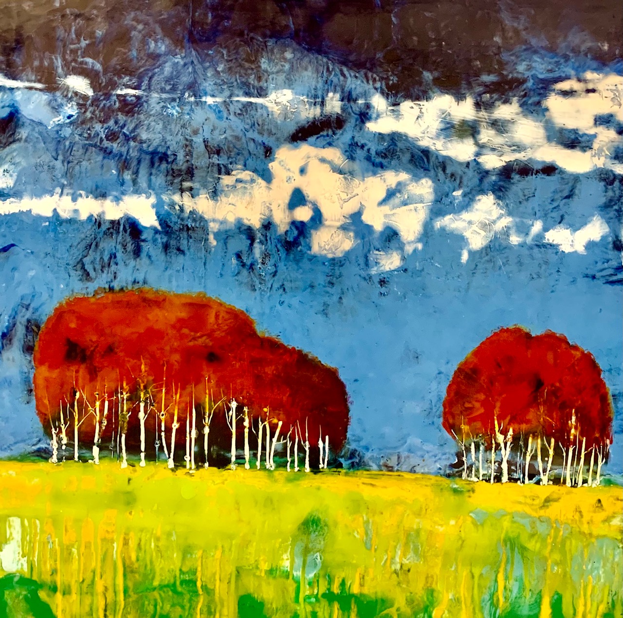 A painting of red trees under blues skies