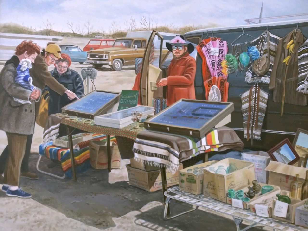 A watercolor painting of a swap meet