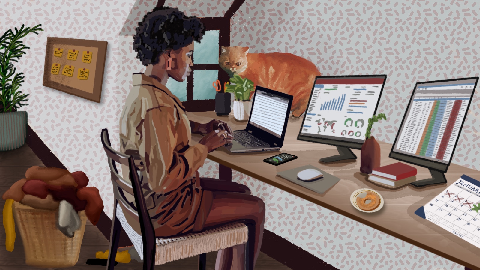 A woman sits at a desk in a home office, reviewing charts on a screen while a cat lingers on the desk.