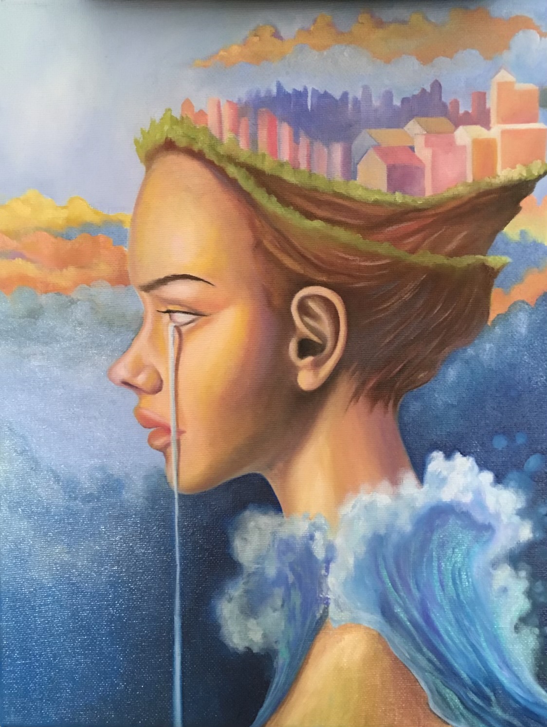 A painting of a woman crying. Above her head is a cityscape