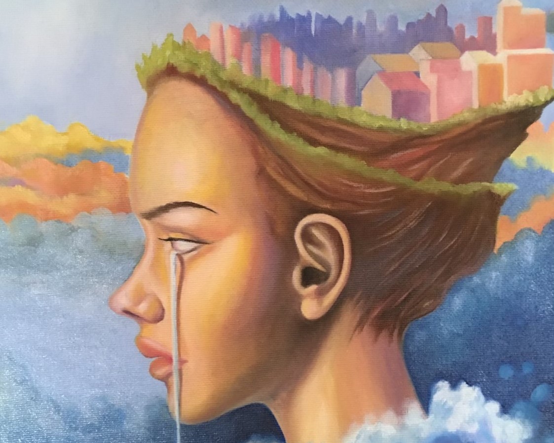 A painting of a woman crying. Above her head is a cityscape