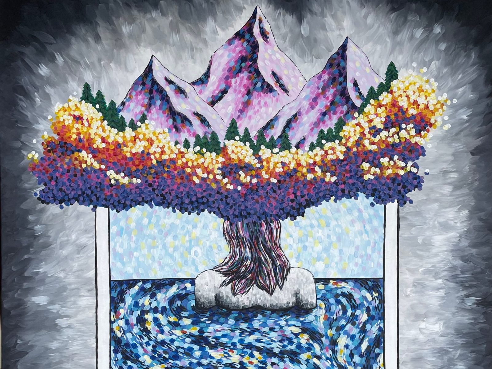 A painting of a person emerging from a body of blue water, with colorful mountains coming out of their head