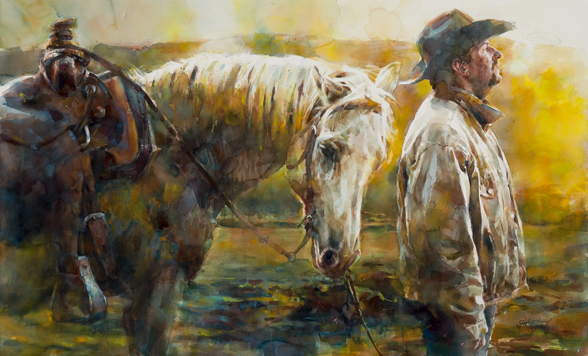 A watercolor painting of a cowboy standing next to a horse