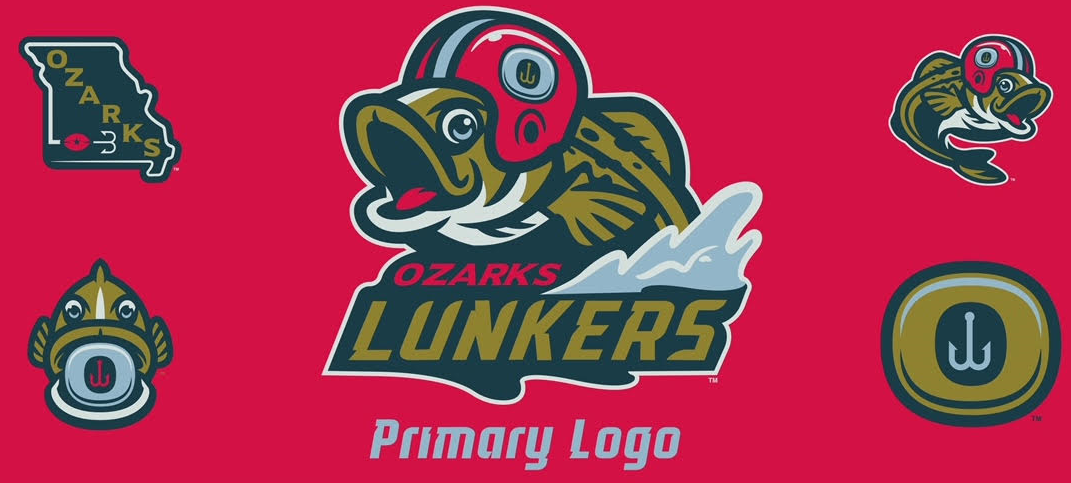 A collection of fish-related logos on a red background. They are the logos for the Ozarks Lunkers Arena League football team
