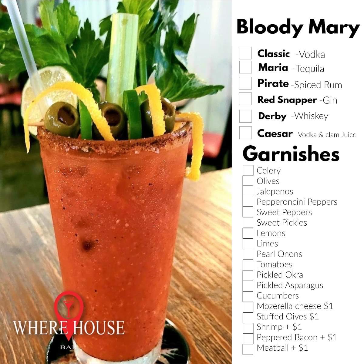 A bloody mary loaded with celery, olives, limes and more