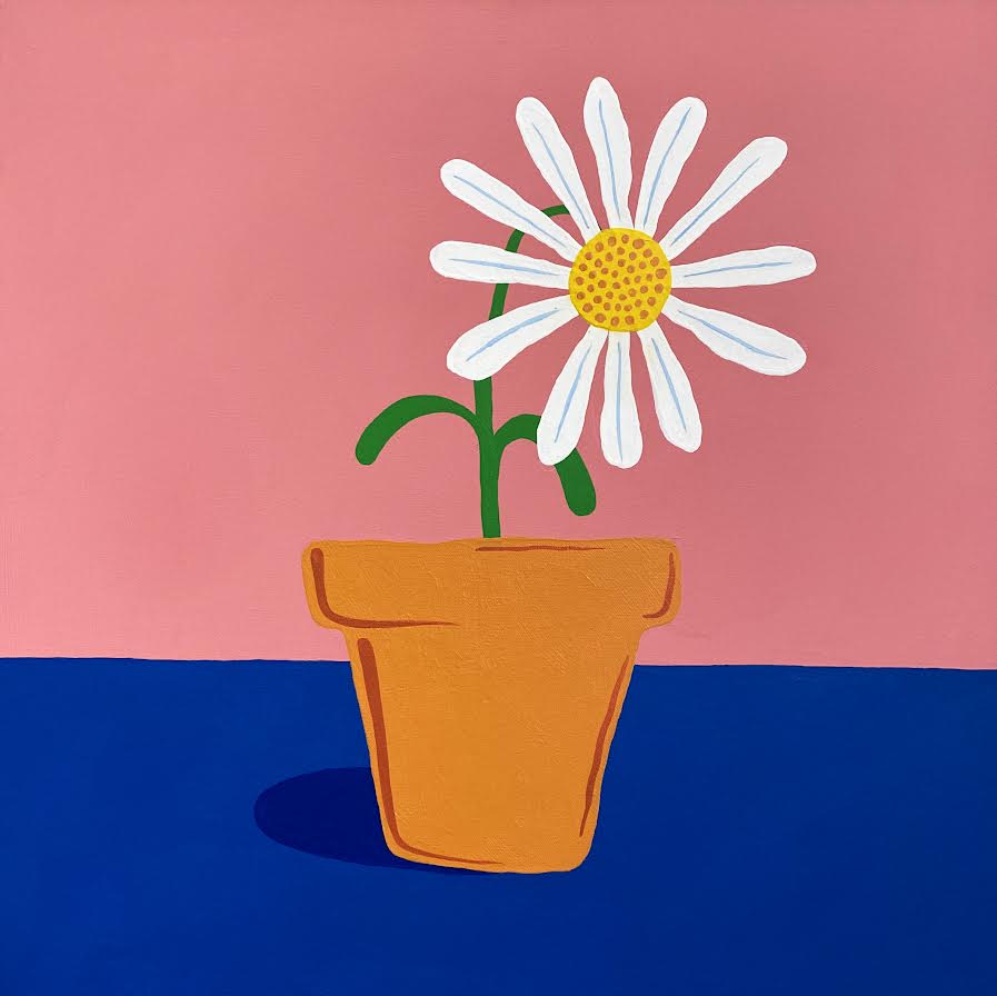 A Josh  Martin painting of a white flower in an orange flower pot, on a blue and pink background