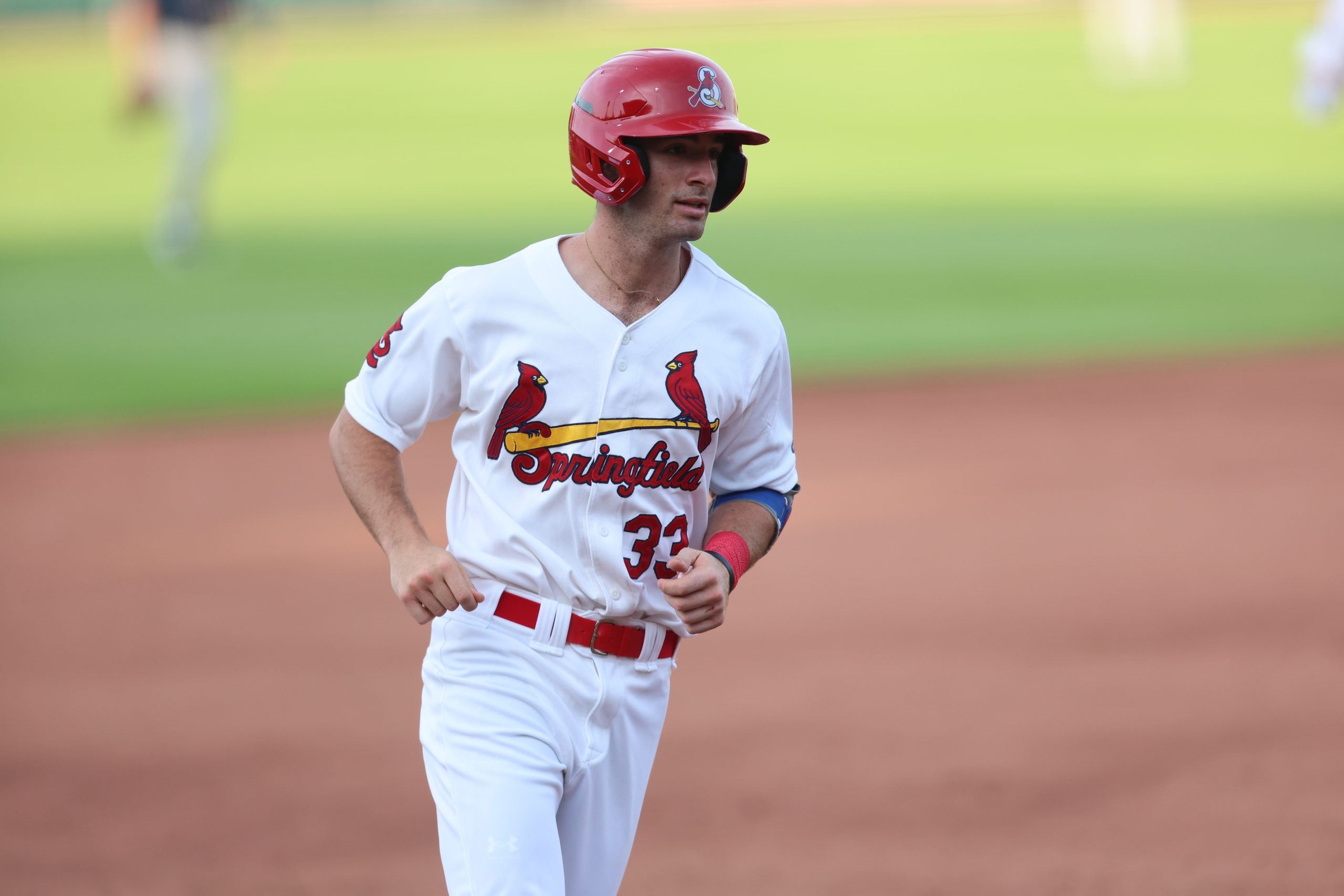Thomas Saggese, wearing a Springfield Cardinals uniform, runs the bases during a game