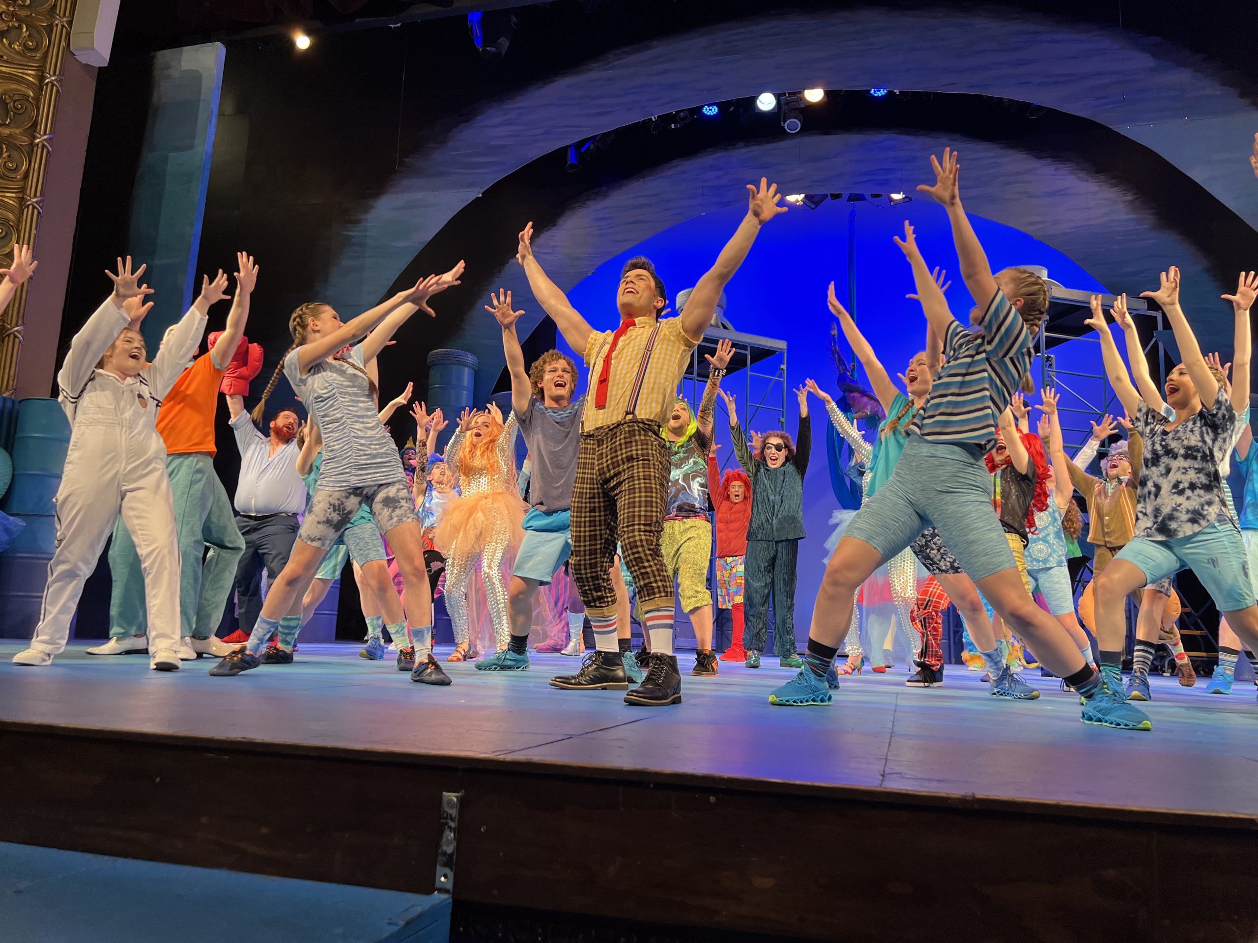 The cast of Springfield Little Theatre's "The SpongeBob Musical" rehearses a scene at the Landers Theatre.