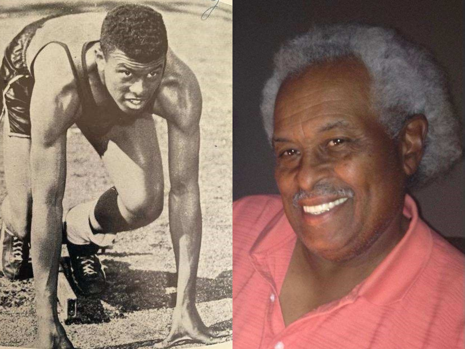 Two pictures of Robert "Bevo" Looney side-by-side. The picture on the left is a black-and-white photo from his days as a high-school track athlete. On the right is a color photo of Looney as an adult