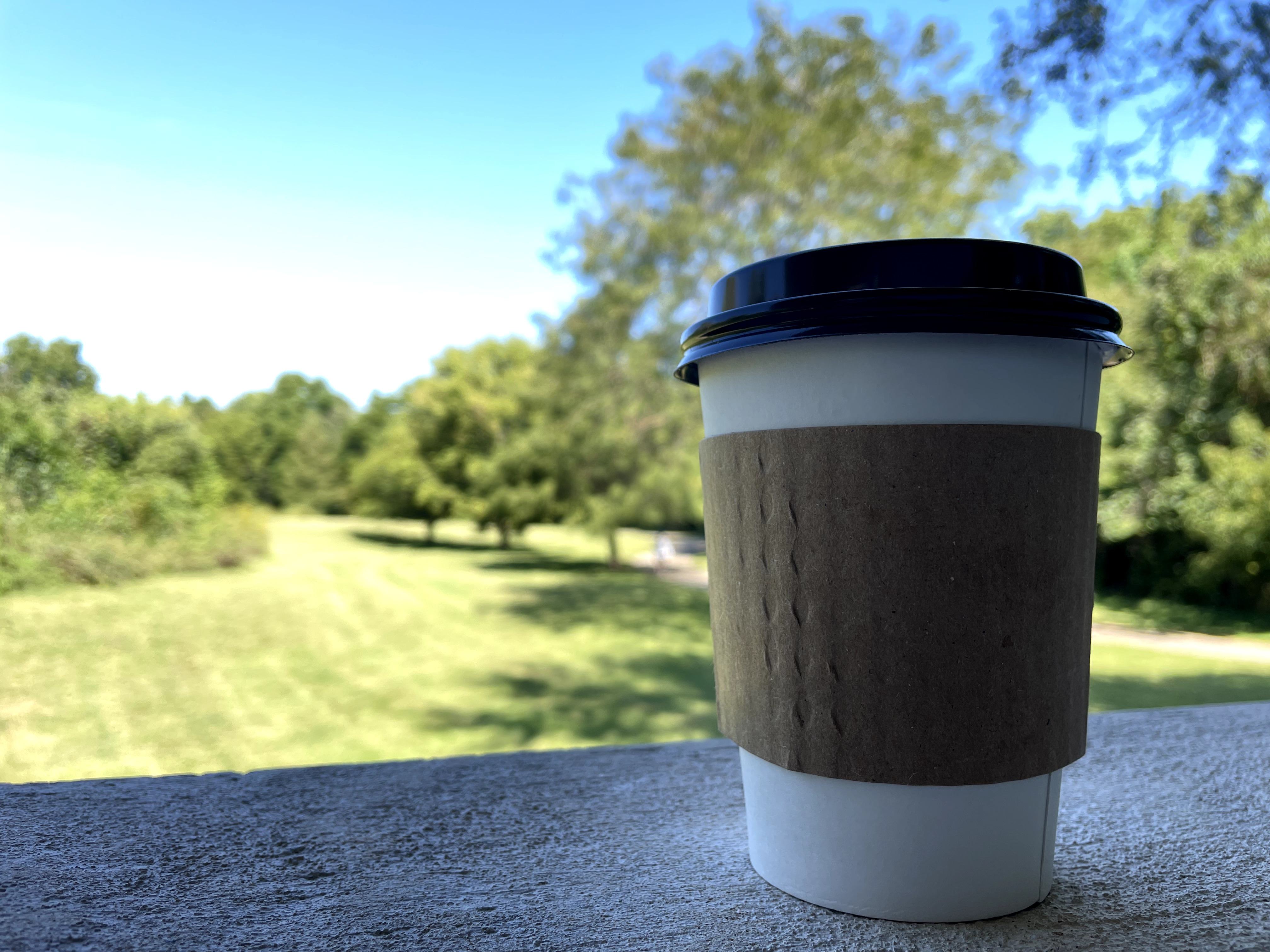 Coffee on the back patio of Kingdom Coffee on Lone Pine Avenue, which overlooks a grassy area along the Lone Pine Trail.