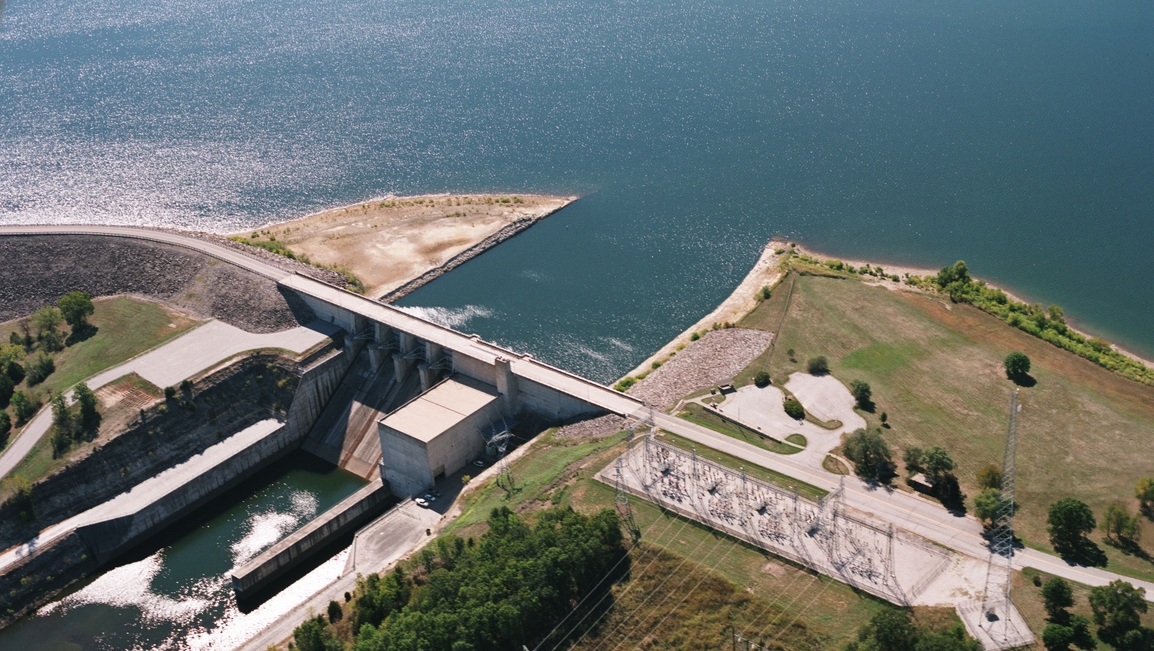 Stockton Dam aerial photograph with water reservoir