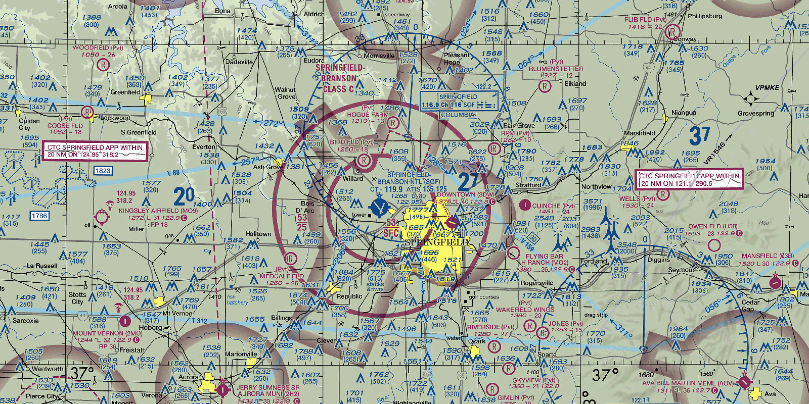 Part of an aeronautical chart shows the air traffic control regions in and around Springfield's airspace.