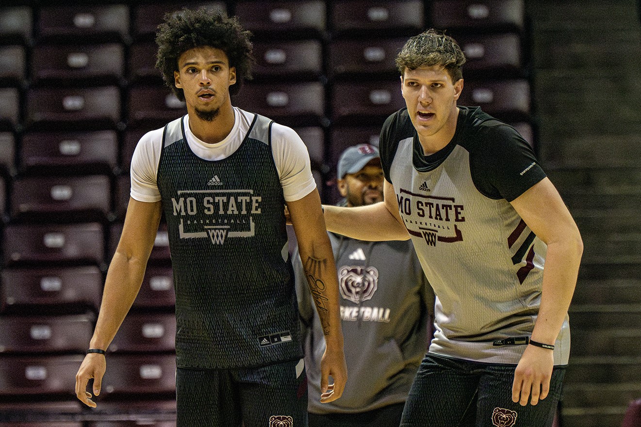 New Missouri State basketball player Cesare Edwards (left) and returning senior Dawson Carper at a recent scrimmage.