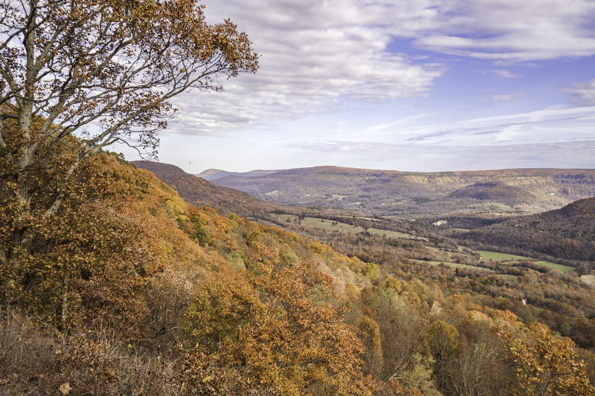 The rolling hills of the Arkansas Grand Canyon dressed in fall foliage