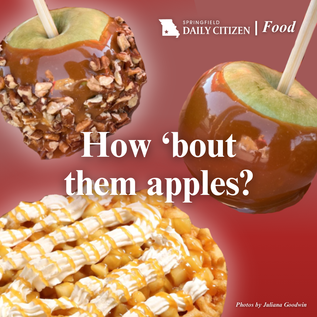 A collage of caramel apples and a salted caramel apple funnel cake with text reading "How 'bout them apples?"
