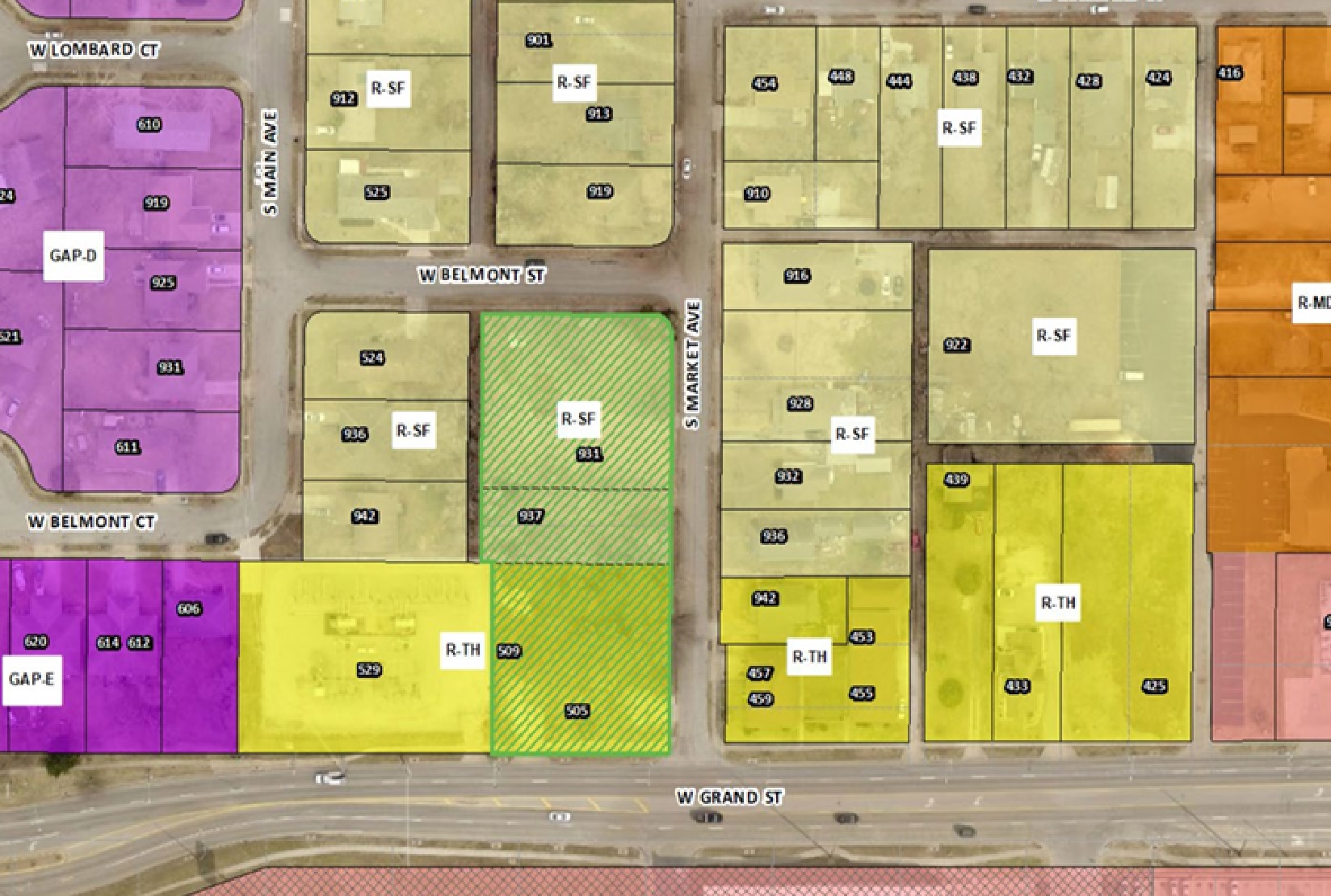 GDL Enterprises property on Grand Street and Market Avenue outlined and shaded in light green on a zoning map.