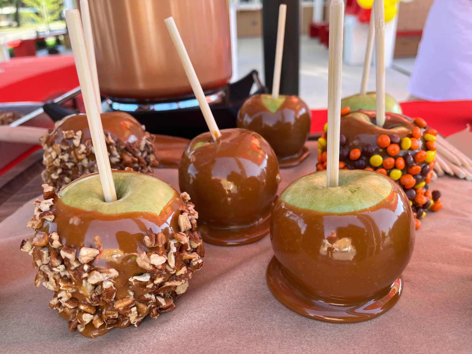 A tray of hand-dipped caramel apples from Andy's Frozen Custard