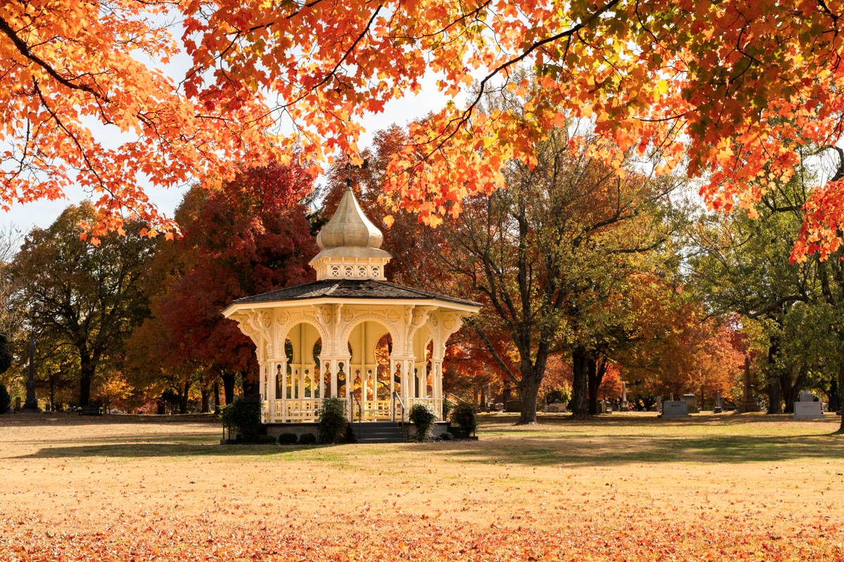 The gazebo at Maple Park Cemetery in Springfield is framed by bright fall colors.