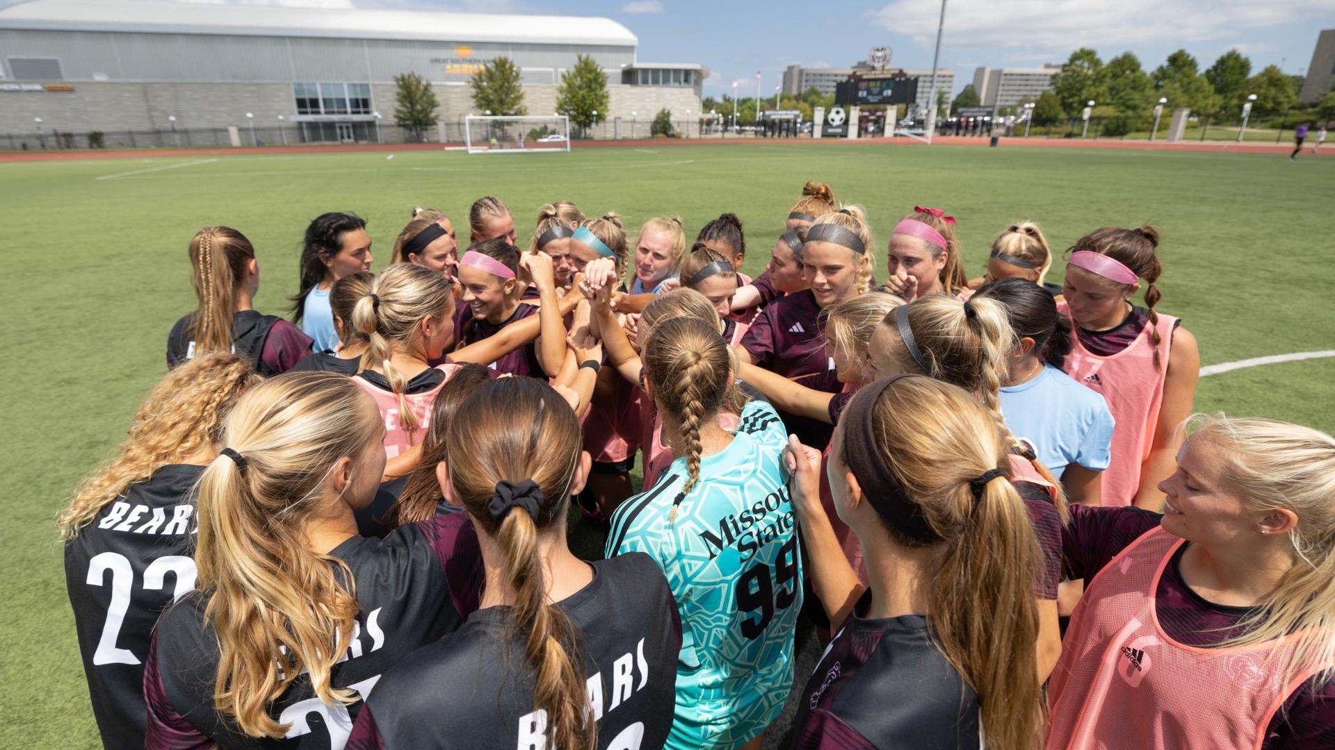 The Missouri State women's soccer team huddles up before a game