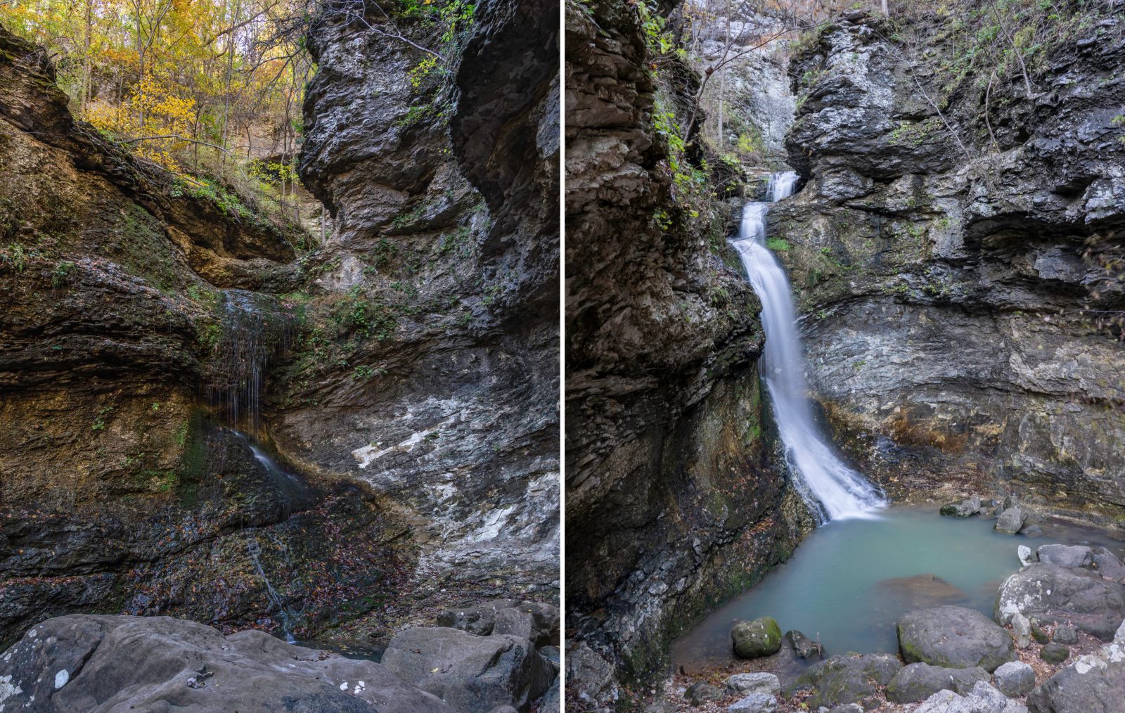 Side-by-side photos of Eden Falls, when it's dry on the left and when its flowing on the right
