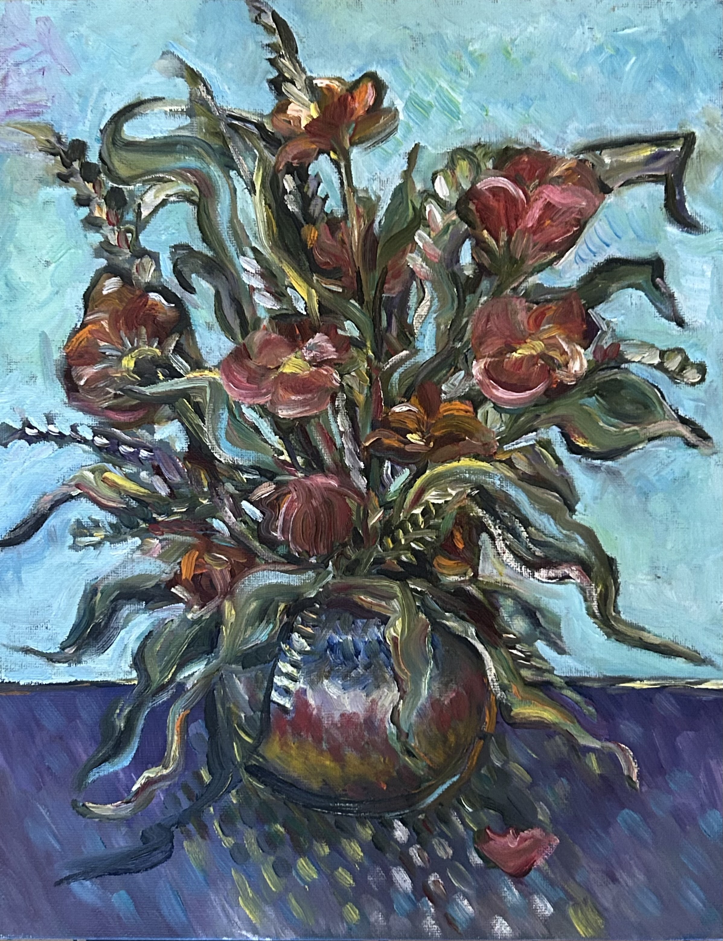 The painting “Red Floral” by Leisa Rowley