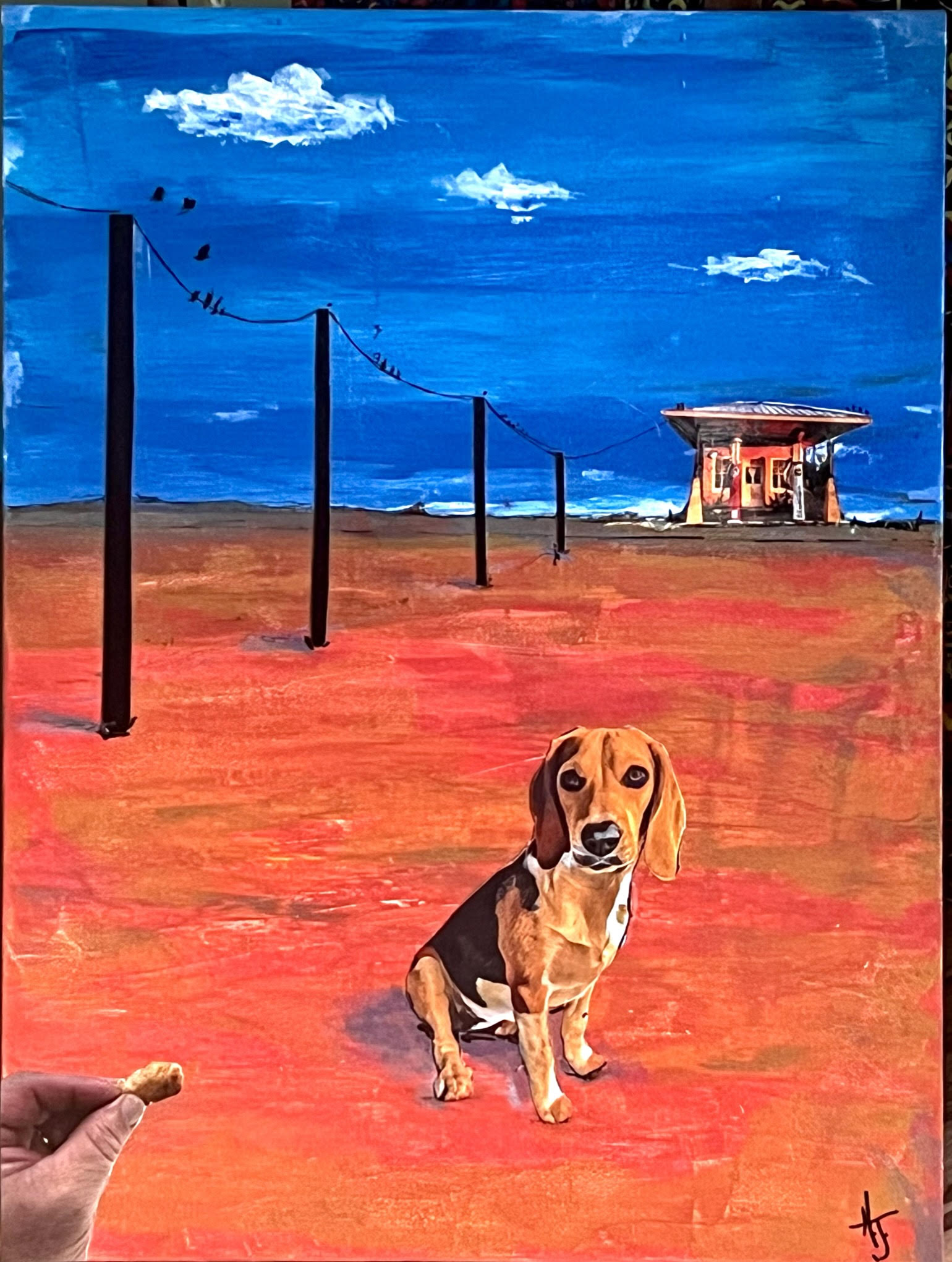 A painting of a dog sitting near a row of utility poles