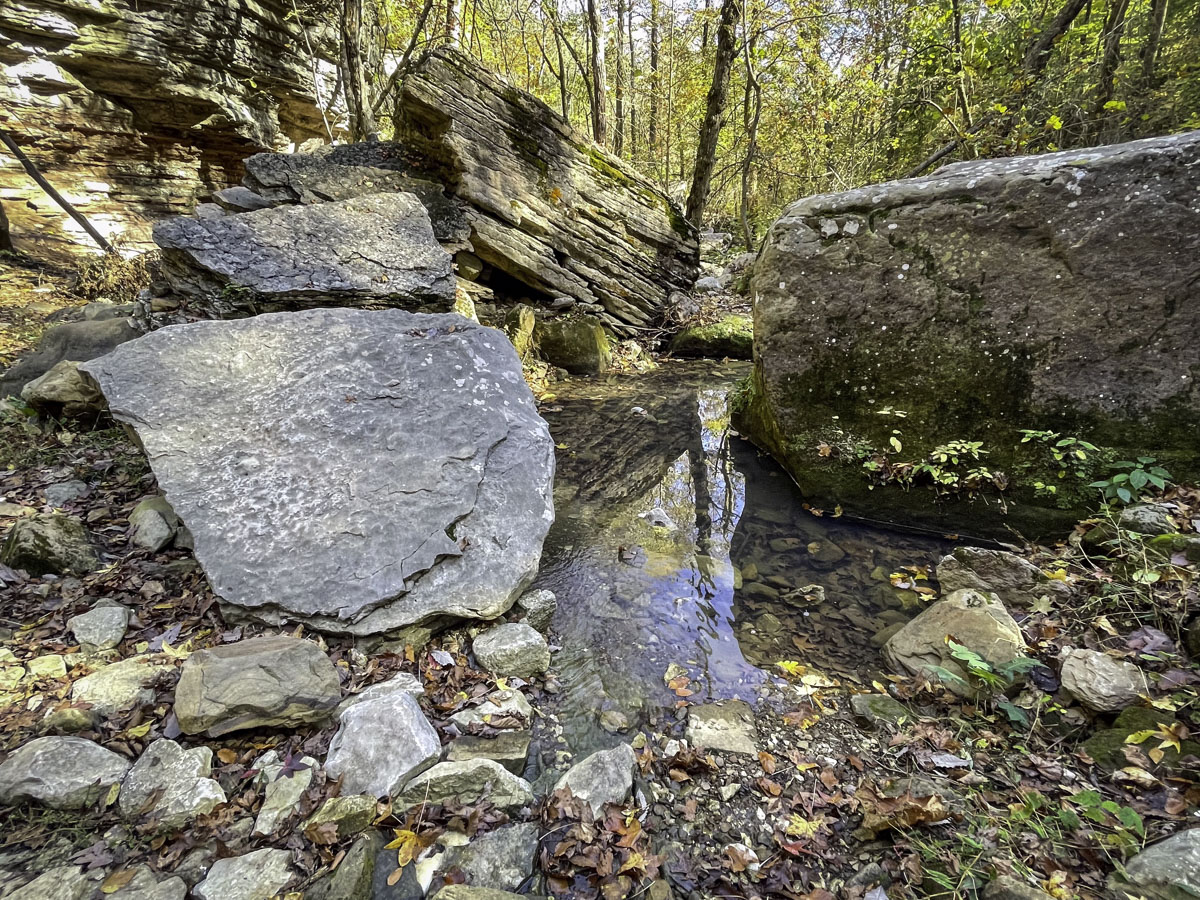 Massive boulders and rock formations along Lost Valley Trail in Arkansas.