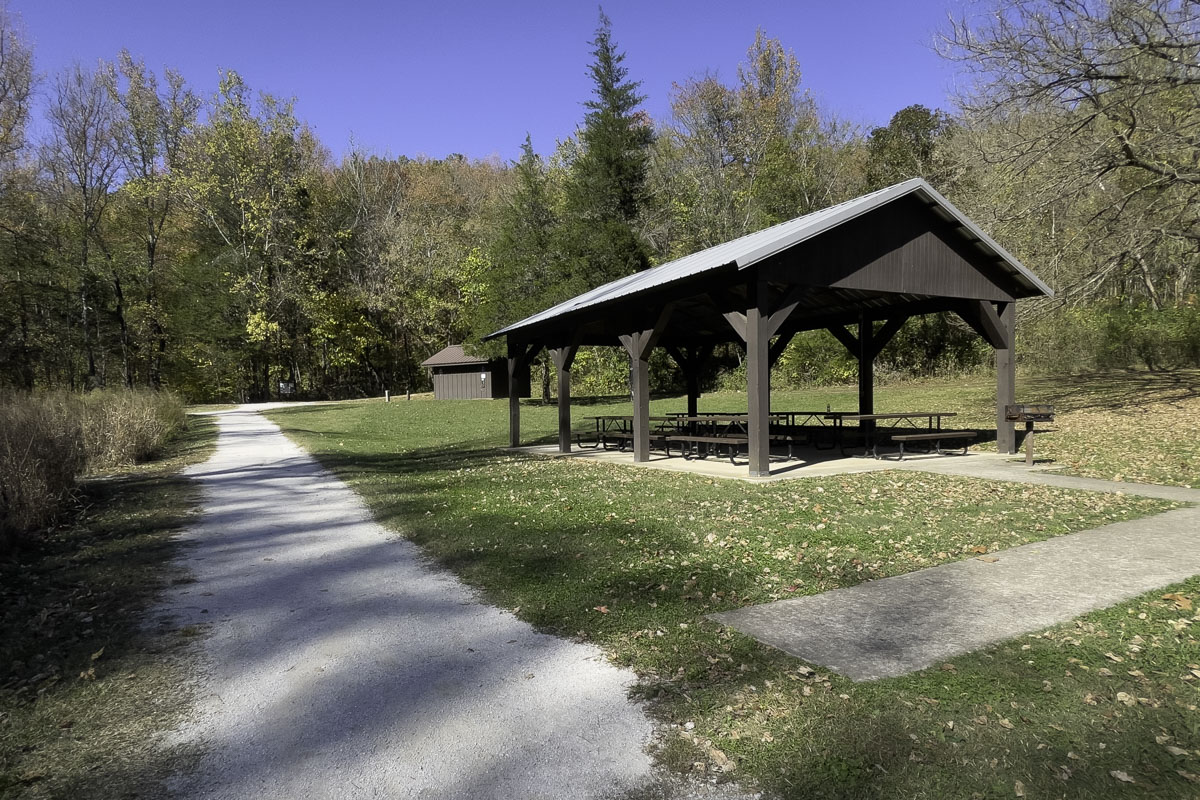 A picnic shelter and bathroom area along Lost Valley Trail
